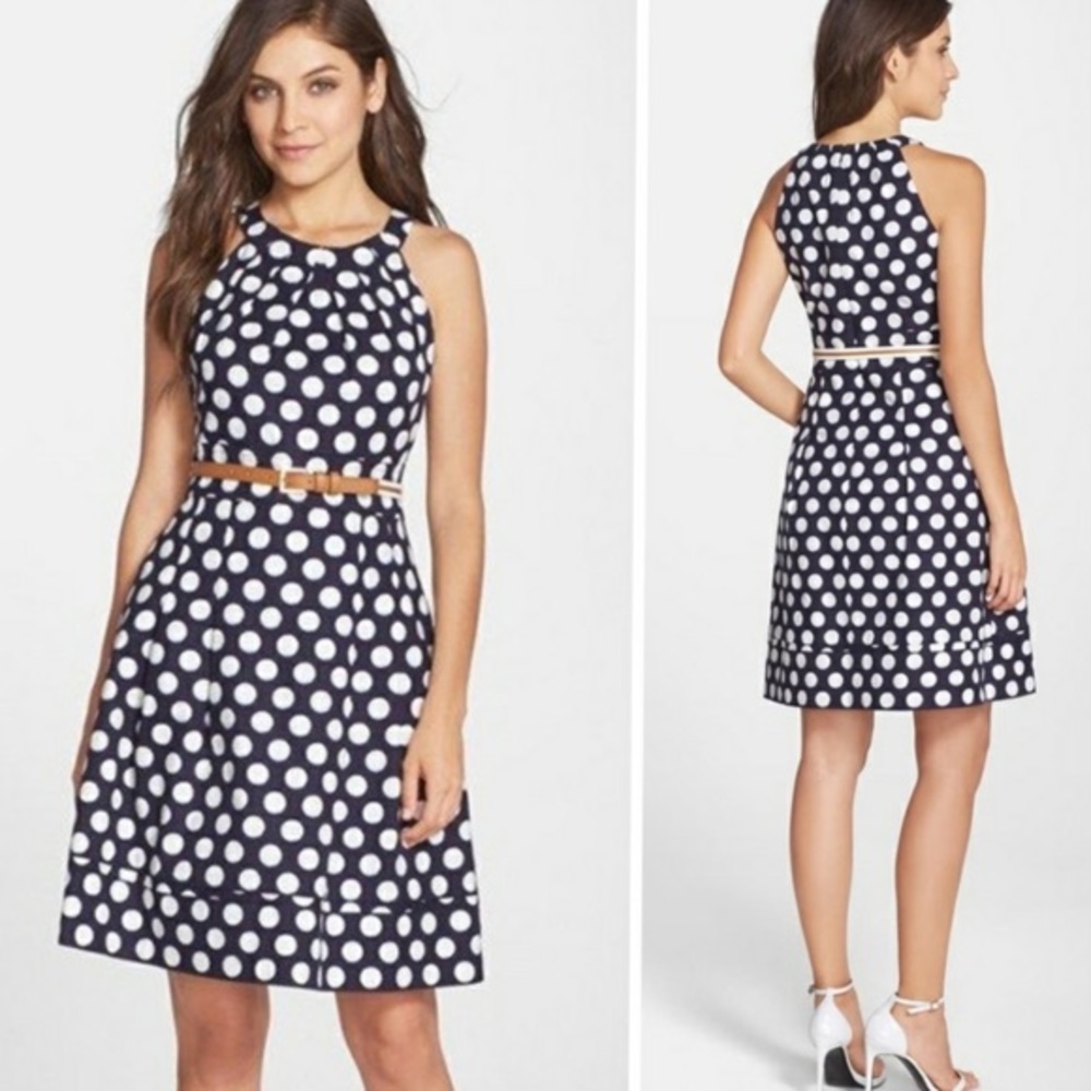 Eliza J Navy polka dot halter dress with belts